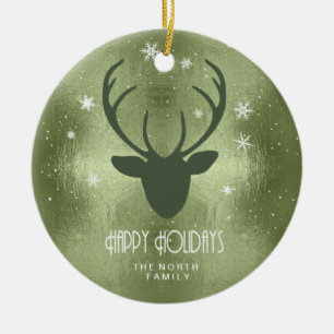 Adorno De Cerámica Deer Antlers Silhouette & Snowflakes Green ID861