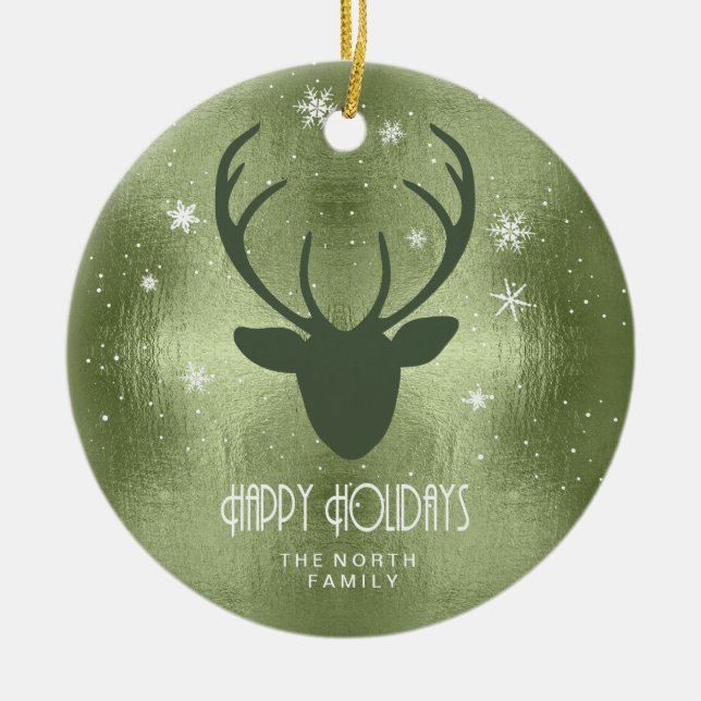 Adorno De Cerámica Deer Antlers Silhouette & Snowflakes Green ID861 (Frente)