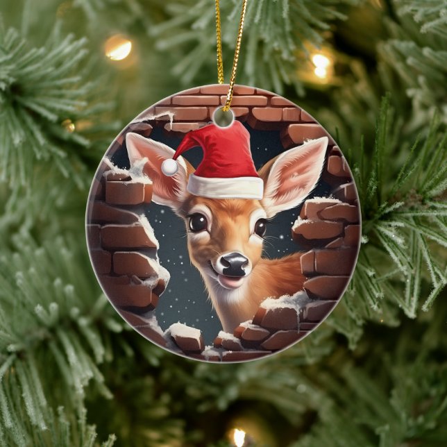 Adorno De Cerámica Deer bebé en Santa Hat (Árbol)