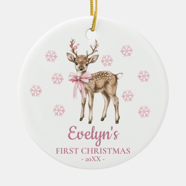 Adorno De Cerámica Deer Personalized Girl's First Christmas (Frente)