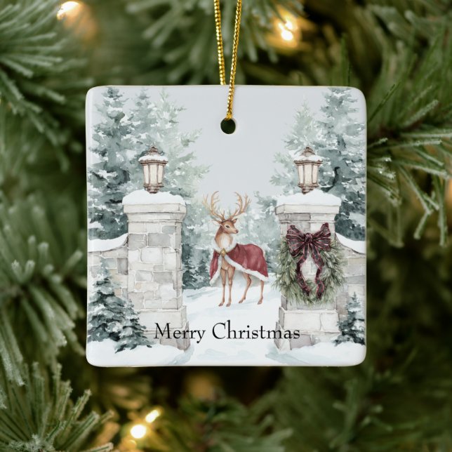 Adorno De Cerámica Deer Red Coat Snow Christmas (Árbol)