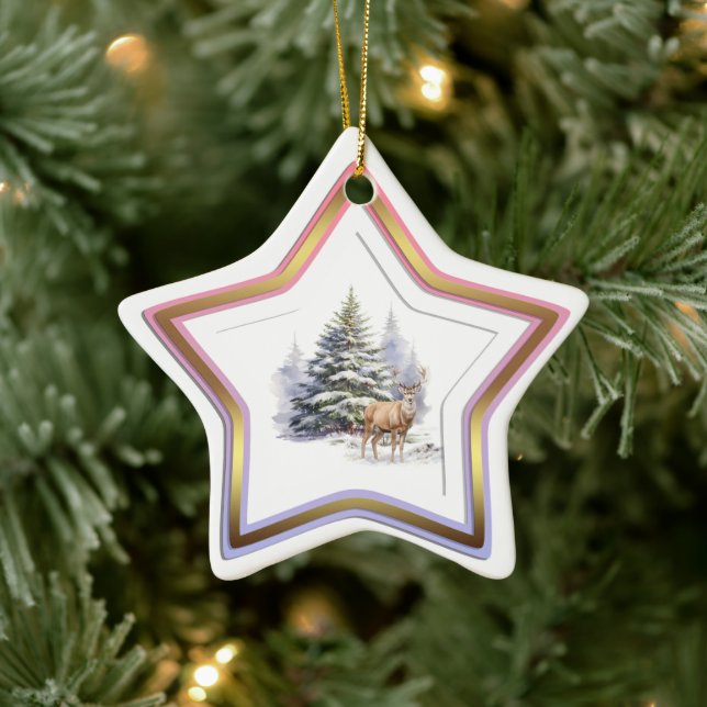 Adorno De Cerámica Deer Winter Forest Star Ornament (Árbol)