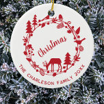 Adorno De Cerámica Deer Woodland Wreath Navidades personalizados<br><div class="desc">Un bosque de bonitos con ciervos,  aves,  pinos,  bellotas y pinos. Cambie el texto inferior,  el nombre de la familia y la fecha al personalizar. Arte original de Nic Squirrell.</div>