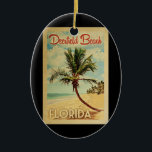 Adorno De Cerámica Deerfield Beach Palm Tree Vintage Travel<br><div class="desc">Un diseño de arte de Deerfield Beach Florida,  retro y exclusivo,  de estilo poster de viajes vintage. Cuenta con una palmera curvada en una playa de arena con el océano bajo un cielo azul turbio.</div>