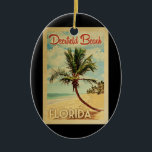 Adorno De Cerámica Deerfield Beach Palm Tree Vintage Travel<br><div class="desc">Un diseño de arte de Deerfield Beach Florida,  retro y exclusivo,  de estilo poster de viajes vintage. Cuenta con una palmera curvada en una playa de arena con el océano bajo un cielo azul turbio.</div>
