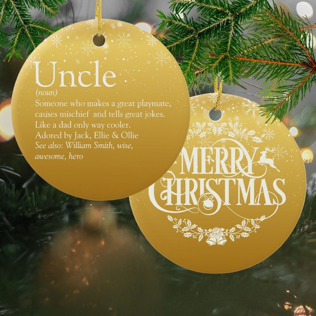 Adorno De Cerámica Definición de fundición Gold Merry Christmas Uncle (Gold Merry Christmas Uncle Funcle Definition Ceramic Ornament)