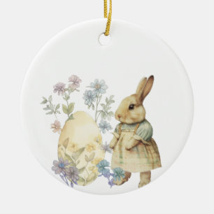Adorno De Cerámica Delantal retro de Pascua con huevo y conejo de acu