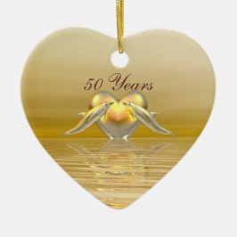 Adorno De Cerámica Delfines del Aniversario Dorado y Corazón