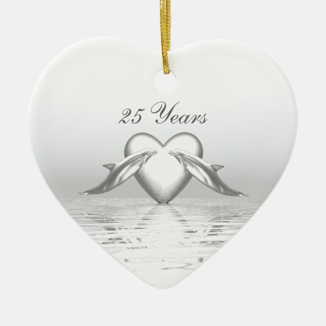 Adorno De Cerámica Delfines y corazón de aniversario de plata (Frente)