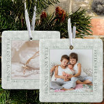 Adorno De Cerámica Delicada foto de copo de nieve marco para bebé est<br><div class="desc">Foto de estadísticas de nacimiento del bebé adornada con delicados copos de nieve blancos sobre un suave fondo verde. La plantilla de la foto está lista para que añada la foto de su bebé, que está enmarcada con las estadísticas de su recién nacido. Puede agregar la misma foto o una...</div>