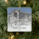 Adorno De Cerámica Delicate First Christmas In Our New Home Photo<br><div class="desc">This delicate first Christmas in our new home photo ceramic ornament is the perfect modern Christmas tree decoration. The romantic minimalist design features lovely and elegant black typography with a clean and simple look. This keepsake ornament reads "first Christmas in our new home". Personalize your double-sided ornament with a photo...</div>