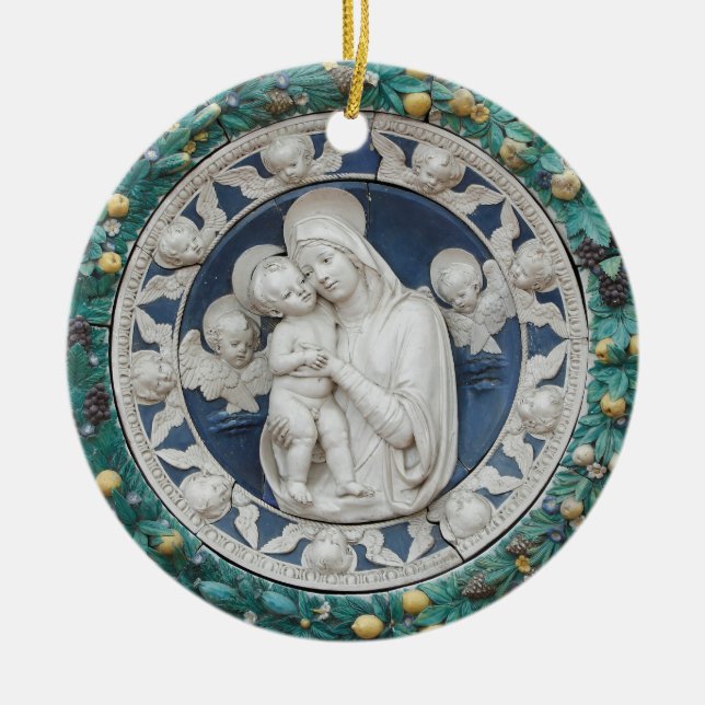 Adorno De Cerámica Della Robbia Madonna Cherubres Garland Azul (Frente)