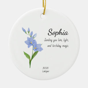 Adorno De Cerámica Delphinium de julio Cumpleaños Personalizado