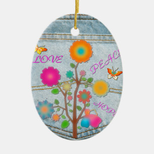 Adorno De Cerámica Denim Back Pocket Flowers Peace Love Hope