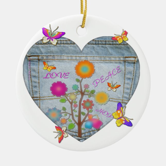 Adorno De Cerámica Denim Pocket Heart Flowers Butterflies (Frente)