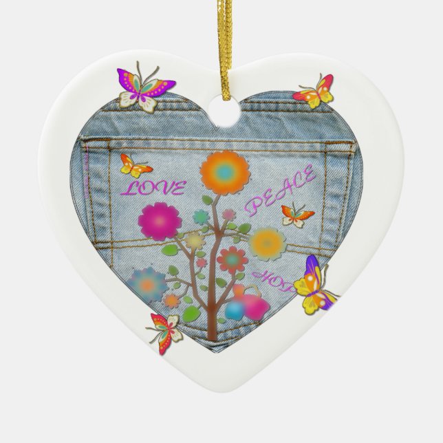 Adorno De Cerámica Denim Pocket Heart Flowers Butterflies (Frente)