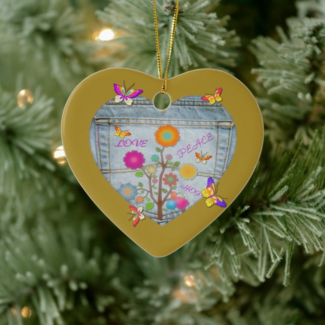 Adorno De Cerámica Denim Pocket Heart Flowers Butterflies (Árbol)