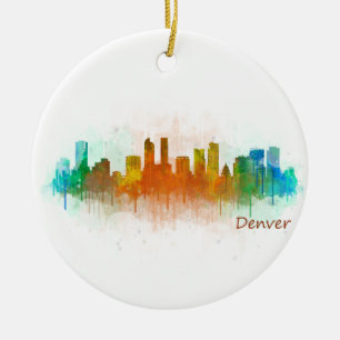 Adorno De Cerámica Denver Colorado City Watercolor Skyline Hq v3