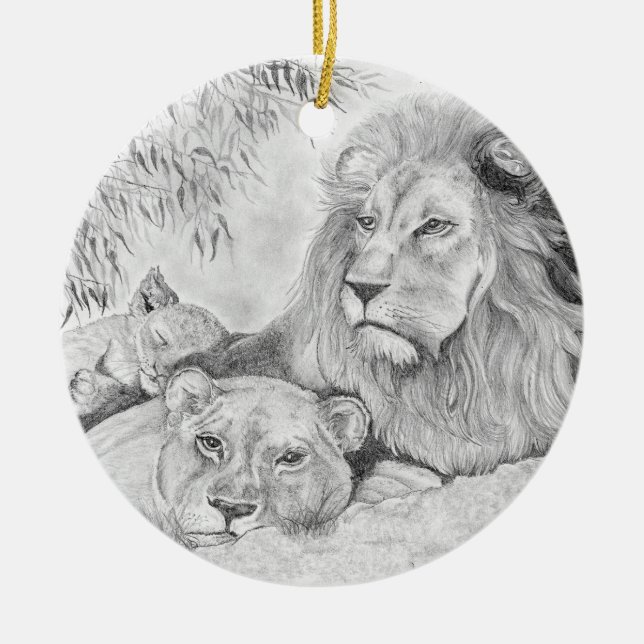 Adorno De Cerámica Descanso de familia de leones (Frente)