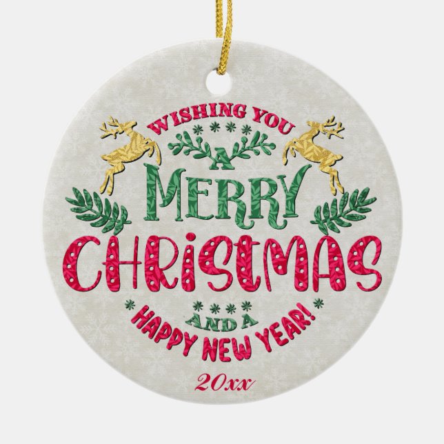 Adorno De Cerámica Deseándote una Feliz Navidad y un Feliz Año Nuevo (Frente)