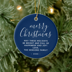 Adorno De Cerámica Deseos Mínimos de Navidad en Azul y Blanco Script