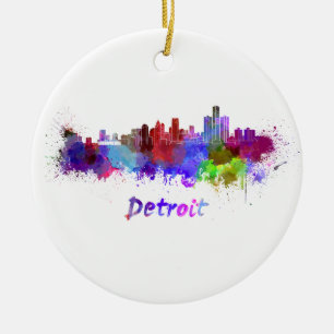 Adorno De Cerámica Detroit skyline in watercolor