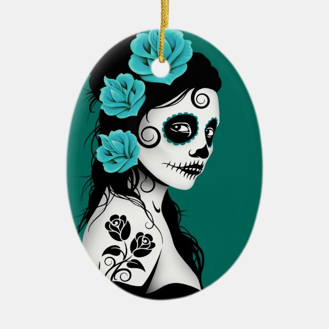 Adorno De Cerámica Día azul verde azulado del chica muerto del cráneo (Frente)