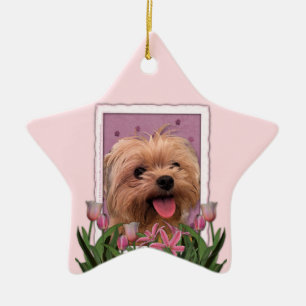 Adorno De Cerámica Día de la Madre - tulipanes rosados - Morkie - de