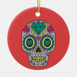Adorno De Cerámica Día de los Muertos de Cristal Verde Rojo y Gris