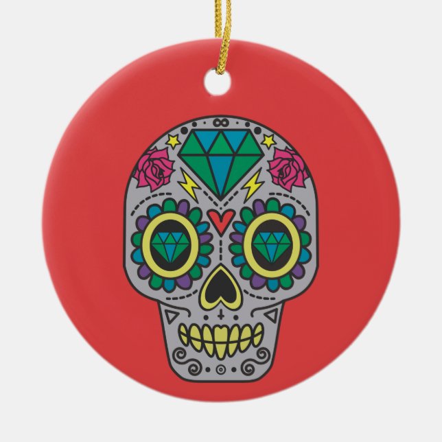 Adorno De Cerámica Día de los Muertos de Cristal Verde Rojo y Gris (Frente)