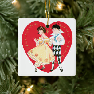 Adorno De Cerámica Día de San Valentín Retro, Arlequín y Corazón Vint