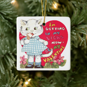 Adorno De Cerámica Día de San Valentín Retro Gato Antiguo Comiendo He