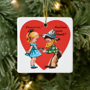 Adorno De Cerámica Día de San Valentín Retro, Vaquero Antiguo con Niñ