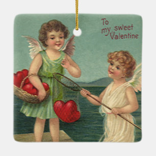 Adorno De Cerámica Día de San Valentín Vintage, Ángeles pescando cora