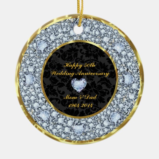 Adorno De Cerámica Diamantes, negro y oro 50 aniversario Boda (Frente)