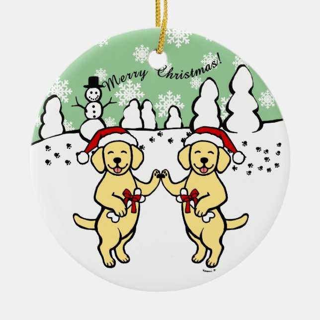 Adorno De Cerámica Dibujo animado amarillo de Labradors del navidad (Frente)