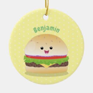 Adorno De Cerámica Dibujo animado de hamburguesa kawaii linda y feliz