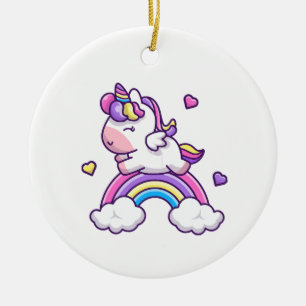 Adorno De Cerámica Dibujo animado de unicornio lindo con arcoíris