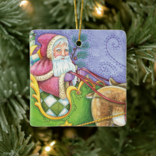 Adorno De Cerámica Dibujo animado navideño de Papá Noel con trineo y 