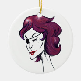 Adorno De Cerámica Dibujo Artístico de Mujer Pirata Violeta con Cabel