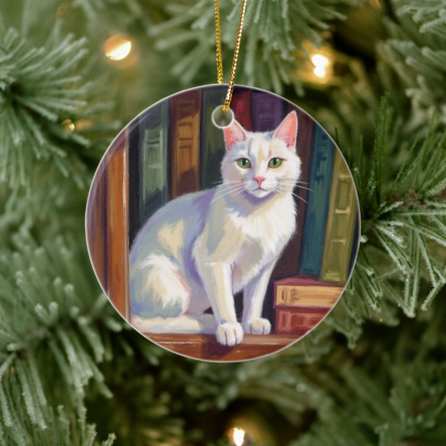 Adorno De Cerámica Dibujo de gato blanco (Árbol)