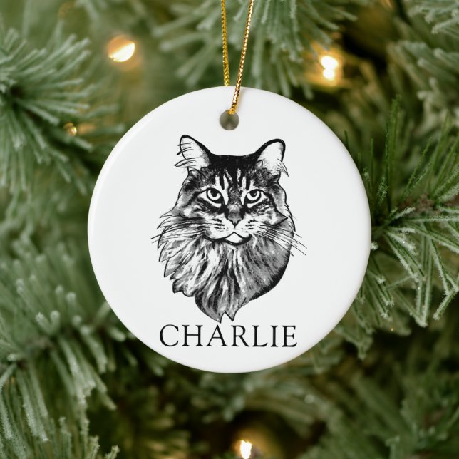 Adorno De Cerámica Dibujo manual de Maine Coon Cat personalizado (Árbol)