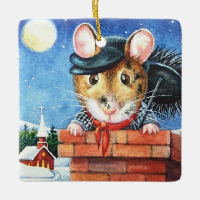 Adorno De Cerámica Dickens Navidades Chimney Sweing Mouse Art (Anverso)