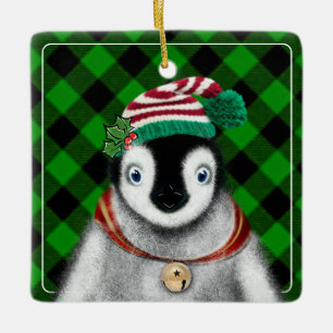 Adorno De Cerámica Diferencial festivo lindo Pingüino verde yeso negr