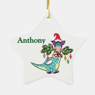 Adorno De Cerámica Dino de Navidad personalizado