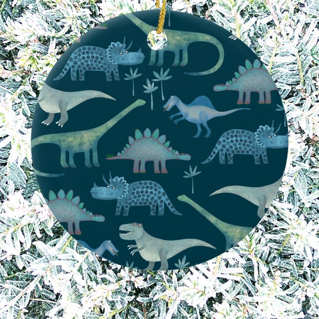 Adorno De Cerámica Dinosaur Cute (Fun dinosaur pattern Christmas ornament)