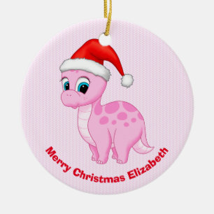Adorno De Cerámica Dinosaurio de bebé rosado con Santa Hat