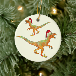 Adorno De Cerámica Dinosaurio de Navidad Velociraptor santa