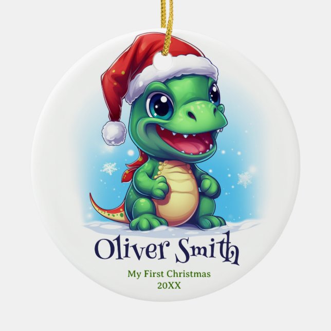 Adorno De Cerámica Dinosaurio Nombre Personalizado Primera Navidad (Frente)