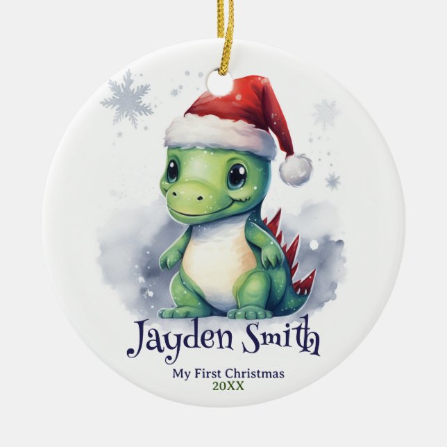 Adorno De Cerámica Dinosaurio Nombre Personalizado Primera Navidad (Frente)